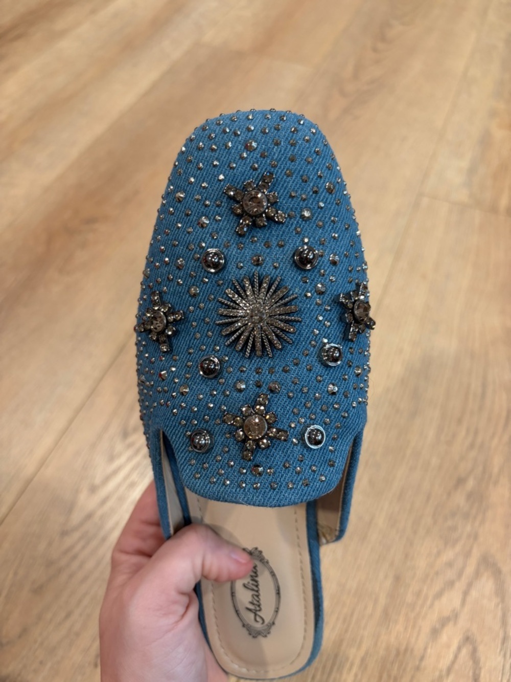 Jeweled Embellished Mule Flats Blue Studded Slip On Shoes Womens Size 6.5 - Picture 6 of 6